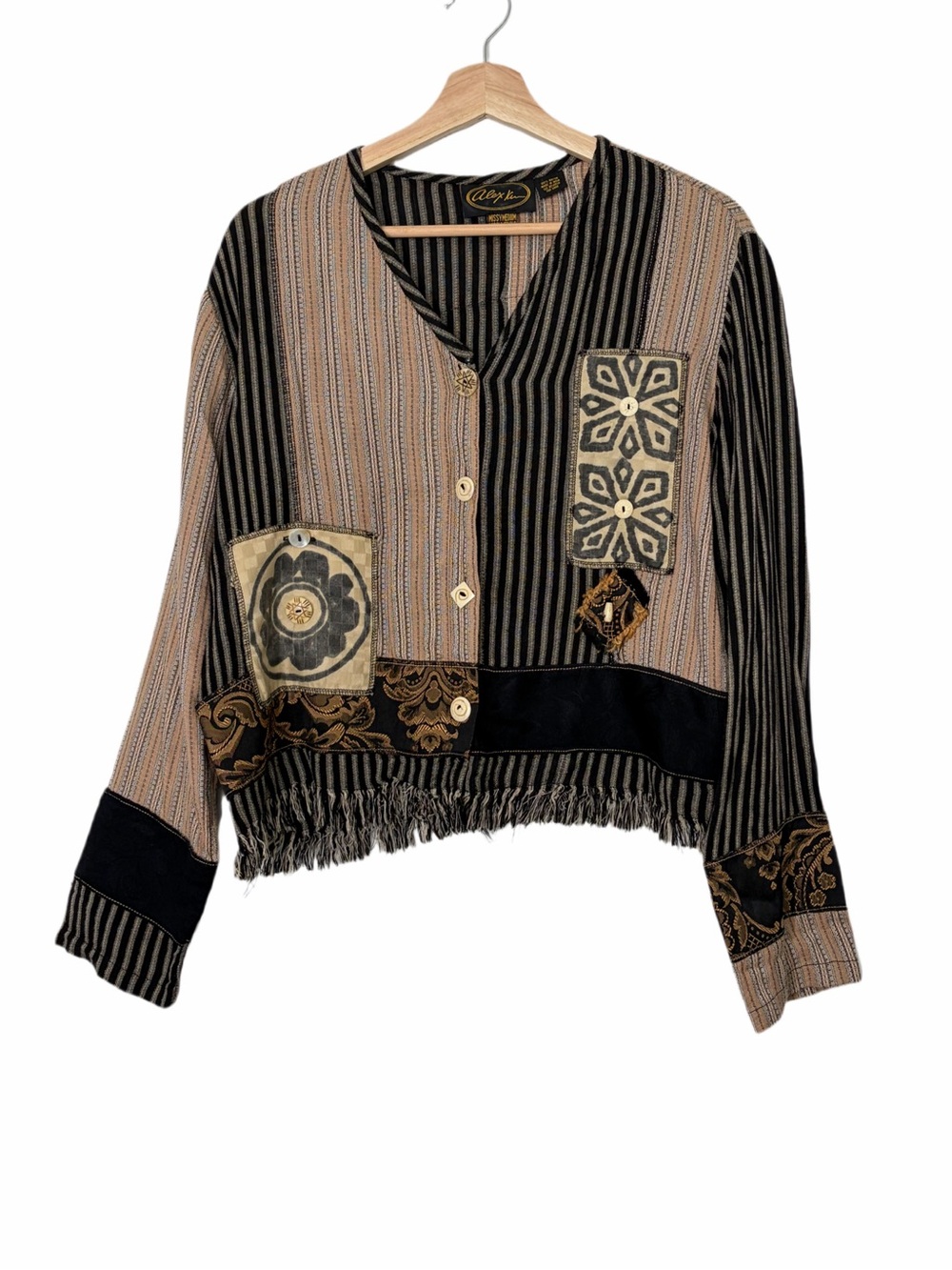 Alex Kim Brown and Black Mixed-media Patchwork Button Front Top Medium Artsy